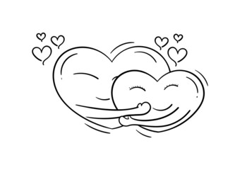 hand drawn illustration of two hearts hugging on white background