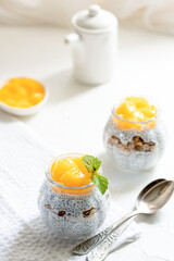 Healthy Chia Pudding with Coconut Milk, mango, chia seeds, granola in a Glass. Concept of healthy eating, healthy lifestyle, dieting, fitness menu. 