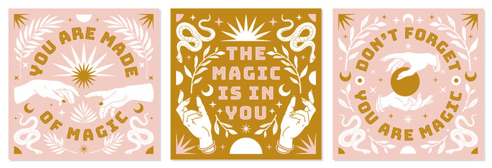 Boho mystical posters with inspirational quotes about energy, magic and good vibes in trendy bohemian style.