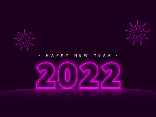 Magenta Neon 2022 Number And Fireworks On Purple Background For Happy New Year Concept.