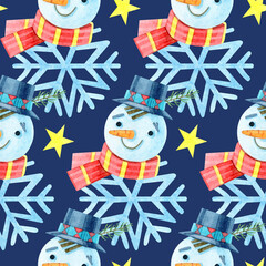 Watercolor seamless pattern with cute snowman in hat and snowflakes. On blue background. Cozy. Happy new year. Merry Christmas. Holiday illustration. It can be used in the design of winter holiday.