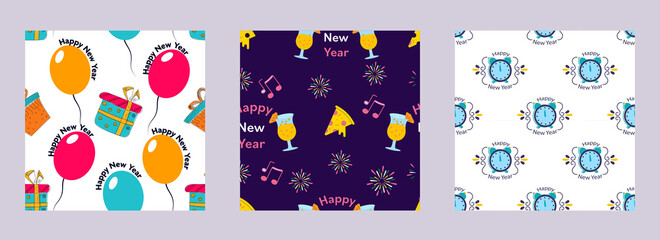 Happy New Year Seamless Pattern Background In Three Options.