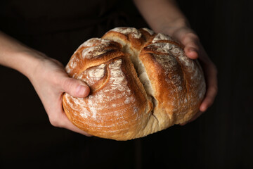Woman holding loaf of tasty wheat sodawater bread on dark background, closeup
