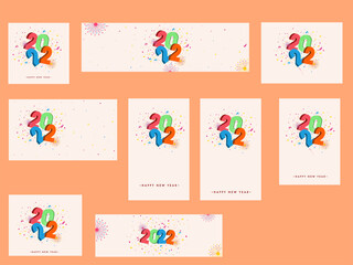 Social Media Template And Banner Collection With 3D Colorful 2022 Number On Confetti Fireworks Background.