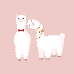 Festive couple of lamas in love on a pink background. Vector illustration for valentines day, holiday, texture, textile, fabric, poster, greeting card, decor. Romantic couple of alpacas.