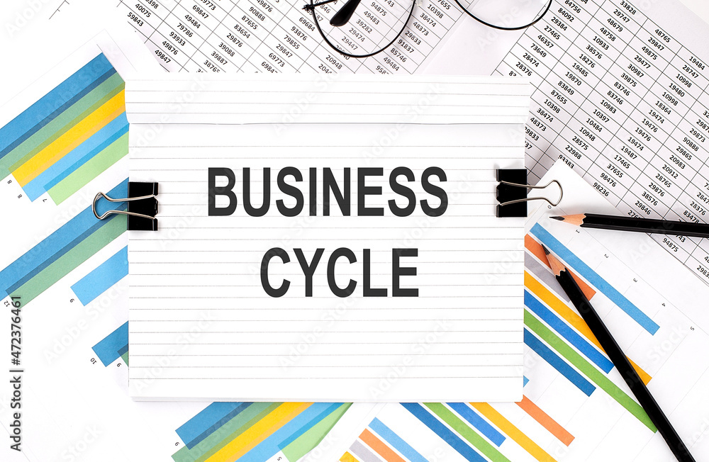 Poster notebook with pencils, glasses on graph background, with text business cycle