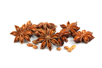 Dry anise stars with seeds on white background