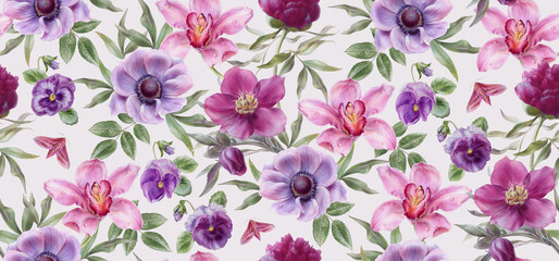 Floral pattern, depicting an orchid, anemone, hellebore, pansies. Watercolor illustrations