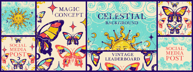 Vintage celestial  templates, leaderboard, frames for quotes or promotion, banners, social media posts. Esoteric mystical theme.