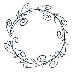 Decorative border ornament with monograms and leaves in doodle style. Hand drawn circular frame. Round wreath for invitation vector illustration