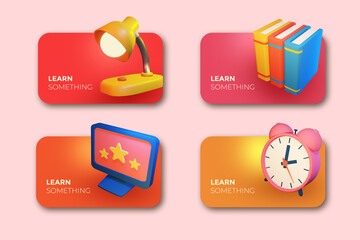 3d learning icons like book, study lamp, clock and computer
