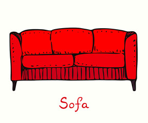 Bright red sofa front view, hand drawn doodle, drawing illustration