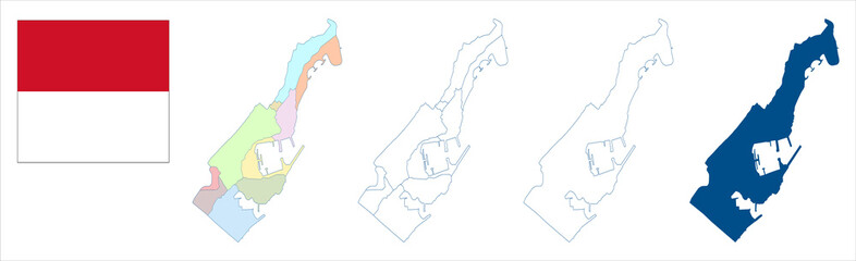 Monaco map. Detailed blue outline and silhouette. Administrative divisions and wards. Country flag. Set of vector maps. All isolated on white background. Template for design and infographics.