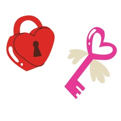 Heart-shaped lock and key with wings. Happy Valentines Day symbols. All lovers Day decoration element. Colored Flat style in vector illustration. Isolated element.
