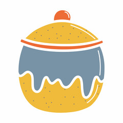 Ceramic pot with a lid or sugar bowl, earthenware dish, handmade clay dishes. Hand drawn vector illustration. Isolated element on a white background