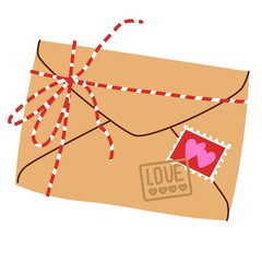 Envelope with striped rope. Love letter. Best wishes on Happy Valentines Day. All lovers Day decoration element. Colored Flat style in vector illustration. Isolated element.