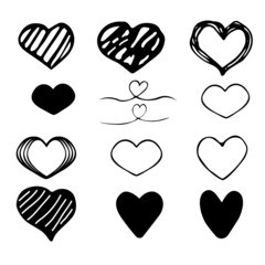 Collection of doodle sketch hearts hand drawn with black ink. Valentine heart shape drawing elements for greeting cards and valentines day, design vector isolated icons set. Amour pack.
