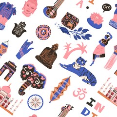Seamless pattern with national Indian elements and Sights mehendi, Buddha, festival elephant, sitar, paper lanterns, Taj Mahal, tea, lotus, Hamsa hand, Triumphal Arch. Flat style Vector illustration