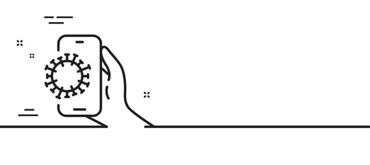 Covid phone app line icon. Coronavirus application sign. Dirty smartphone symbol. Minimal line illustration background. Covid app line icon pattern banner. White web template concept. Vector