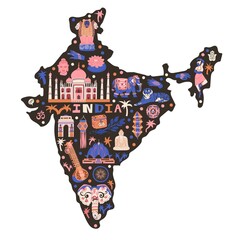 India map. Cartoon landmarks, tourist attractions clip arts. Asia travel,  infographic poster, banner concept design. Taj Mahal, Lotus, sitar, elephant. Flat hand drawn vector illustration. Isolated.