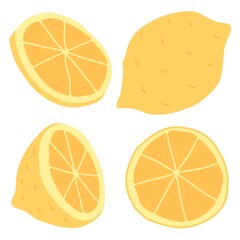 A set of four elements. Lemon, half a lemon, lemon slices. Nature harvest, healthy product, tea and pie ingredient. Isolated element. Flat style in vector illustration. Use for eco market and store