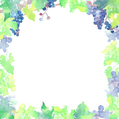 水彩で描いた葡萄と枝葉のフレーム