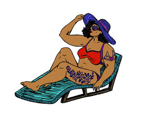 Girl plus size in red bikini and hat with tattoos sitting on chair and sunbathing,  hand drawn bright colors palette  illustration
