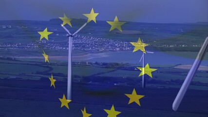 Animation of european union flag over rotating wind turbines in field - Powered by Adobe