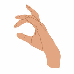 Elegant woman Hand gesture. Flat style in vector illustration. Isolated on white background element. Body language, non-verbal, fingers, palms, holding, catching. Use for promotional offers.