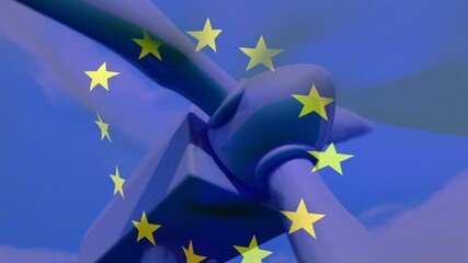 Animation of european union flag over rotating wind turbine - Powered by Adobe