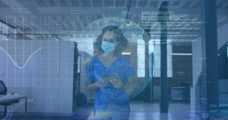 Animation of globe and data processing over businesswoman in face mask in office using tablet - Powered by Adobe