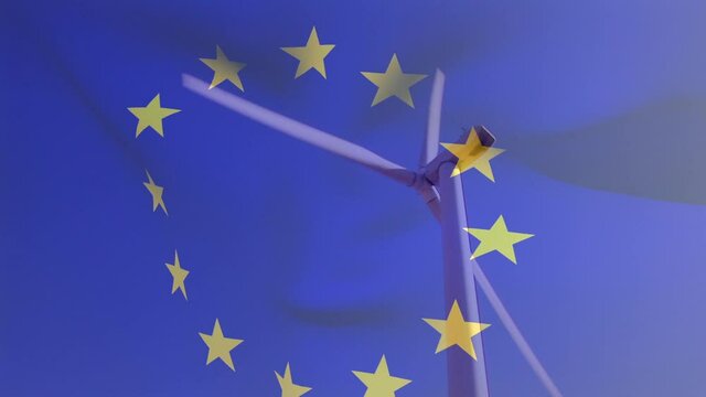 Animation of european union flag over rotating wind turbine