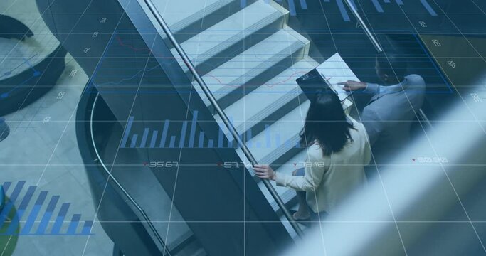 Animation of charts and data processing over two diverse business colleagues in discussion on stairs