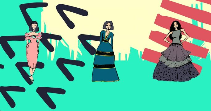 Animation of fashion drawings of women's dresses over abstract shapes on blue background
