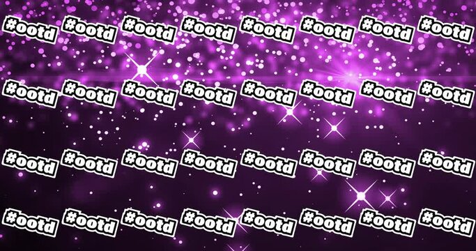 Animation of hashtag ootd text in white repeated over bokeh white lights and lens flare on purple