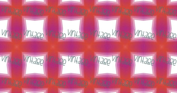 Animation of vintage text in blue repeated over white squares on orange and pink background