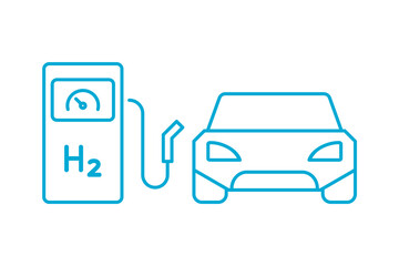 Fuel cell car at the hydrogen filling station line icon. H2 fuel gas pump. Fuel cell vehicle charging. Sustainable clean energy sources. Renewable power generation. Vector illustration, flat, clip art