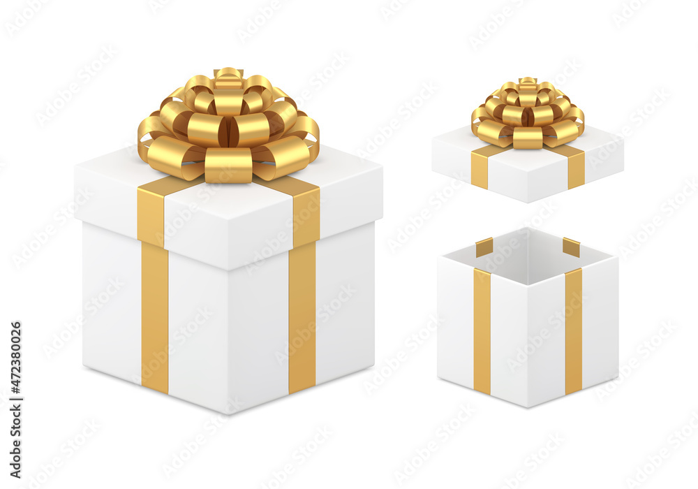 Poster elegant clean design template festive gift box with open and closed cap set realistic vector