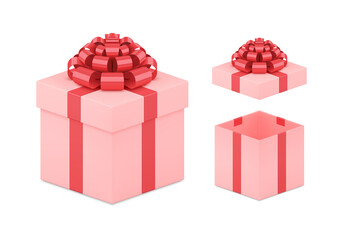 Elegant cute festive pink gift box with red metallic bow set realistic vector illustration