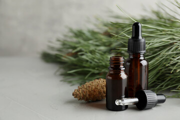 Fototapeta premium Pine essential oil, cone and branches on light grey table. Space for text