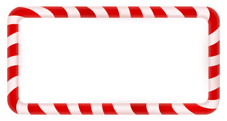 Blank Christmas border, candy cane frame with red and white stripes. Isolated on white background. Holiday design, decor. Vector illustration.