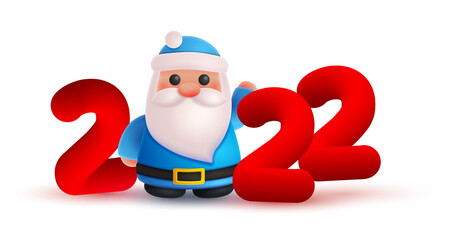Blue Christmas Santa Claus and red numbers 2022 look like 3d rendering. Happy New Year illustration for postcard, banner, decor, design, arts on white background.