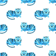 Blue tiger on a white background. Seamless pattern with the symbol of the new year 2022. Background with a watercolor ornament of animals. Cute Maltese tiger cub is lying down.