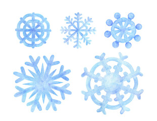 A blue snowflake. Watercolor illustration of a snowy flake. Hand drawn drawing isolated on a white background. Winter Cartoon Clip Art Set for Sticker, Design, Print