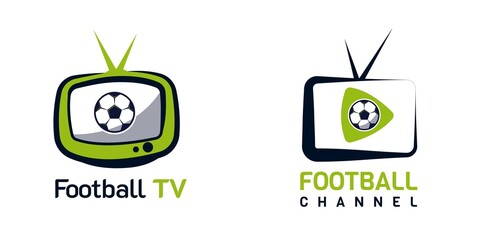 Football Soccer TV Channel Logo. With television, play, and ball symbol. On dark blue and green color. Premium and luxury isolated design vector