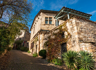 Old street and houses, in the medieval village of Cordes sur Ciel, in autumn, in the Tarn, Occitanie, France