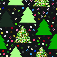 Trendy modern eamless pattern with Christmas tree and colorful lights. Sequin elements.