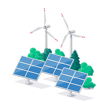 Solar panels and windmill turbines for electricity grid. Renewable electric sun wind power plant station. Clean sustainable energy photovoltaic generation. Isolated vector icon illustration on white.