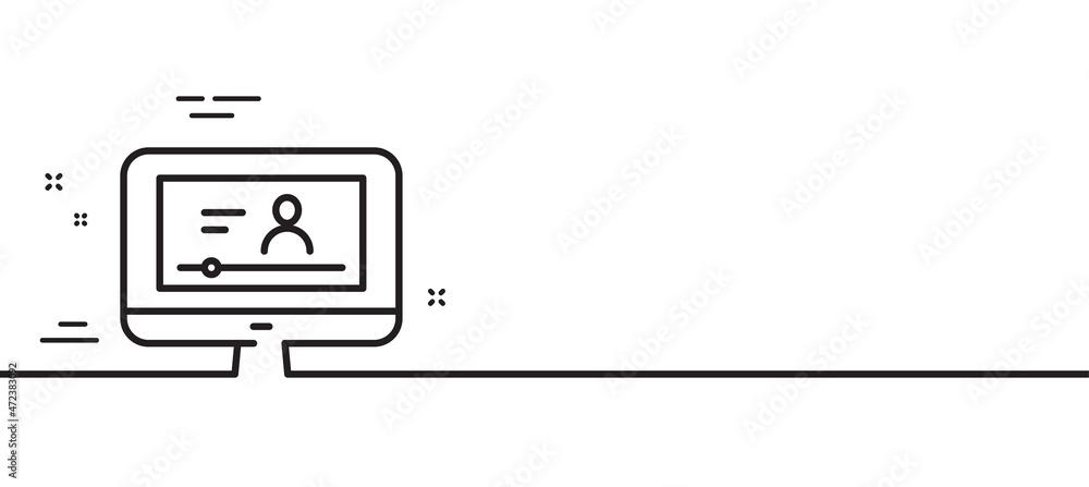 Poster online video education line icon. computer with online lecture sign. web player symbol. minimal line