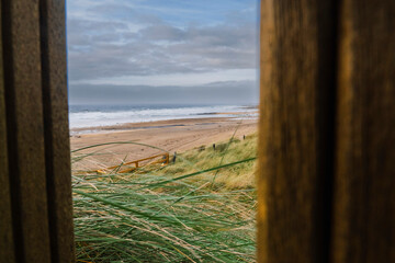 Fototapeta premium Tall green grass in focus framed by wooden fence. Fanore beach out of focus. County Clare, Ireland. Nature scene. Cloudy sky. Selective focus